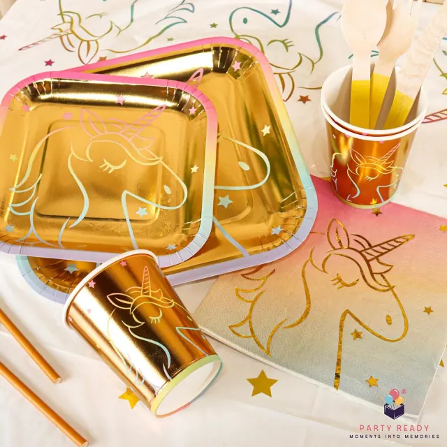Gold-foil unicorn plates and cups
